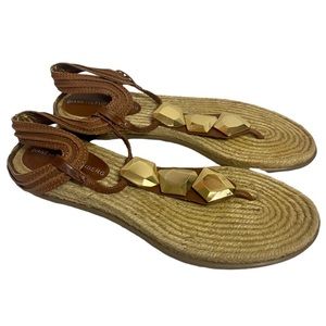 NWOT Diane Von Furstenberg Flat Brown Leather Sling Back 3 Gold Embellishments